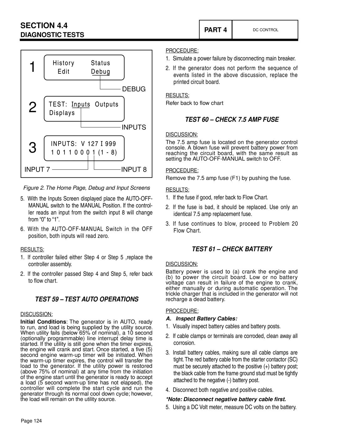 Generac Power Systems 20 kW LP, 10 kW LP Test 59 Test Auto Operations, Test 60 Check 7.5 Amp Fuse, Test 61 Check Battery 