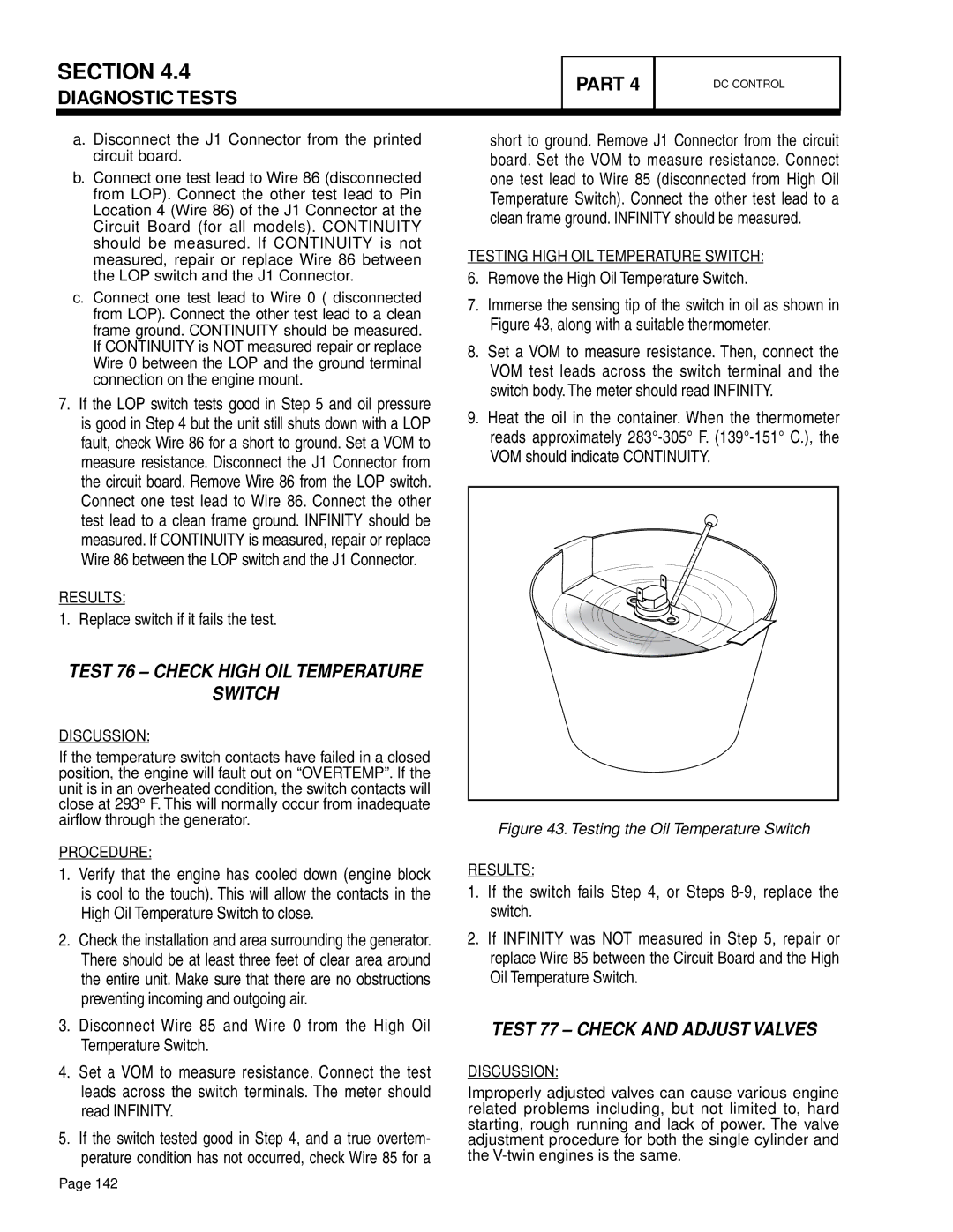 Generac Power Systems 8 kW LP, 10 kW LP, 7 kW NG Test 76 Check High Oil Temperature Switch, Test 77 Check and Adjust Valves 