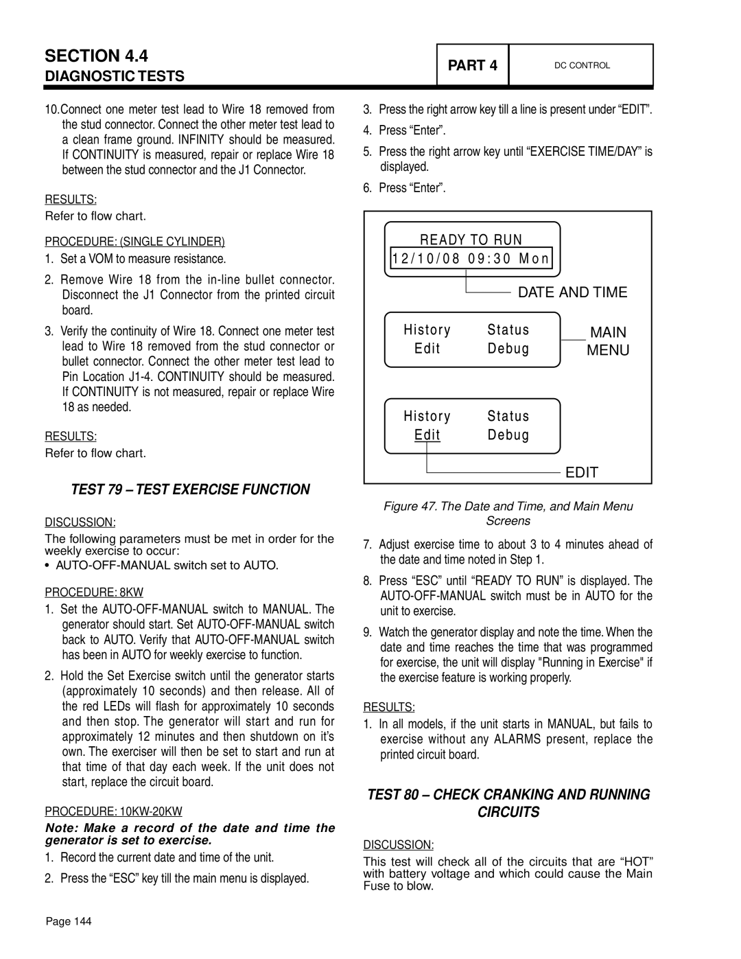 Generac Power Systems 20 kW LP, 10 kW LP manual Test 79 Test Exercise Function, Test 80 Check Cranking and Running Circuits 