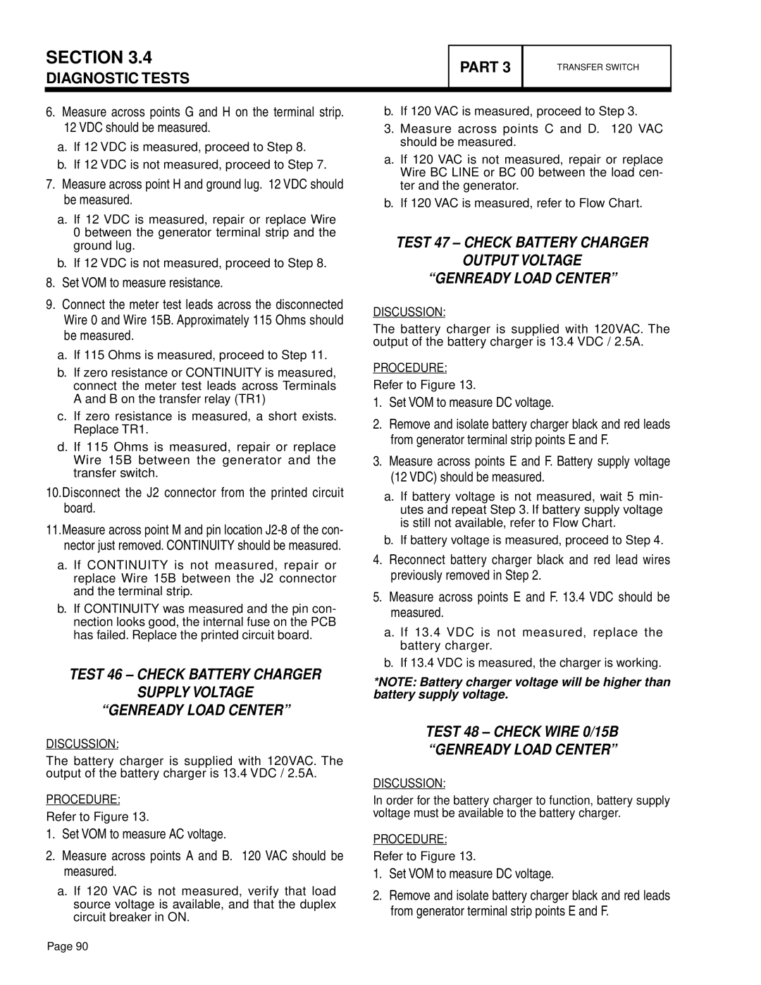 Generac Power Systems 7 kW NG, 10 kW LP, 13 kW NG, 9 kW NG, 8 kW LP, 17 kW LP Test 48 Check Wire 0/15B GenReady Load Center 