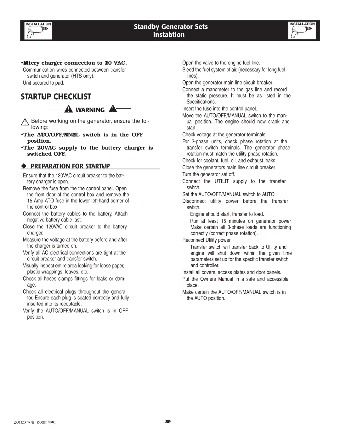 Generac Power Systems 1.6L 18 kW owner manual START-UP Checklist, ‹ Preparation for START-UP 