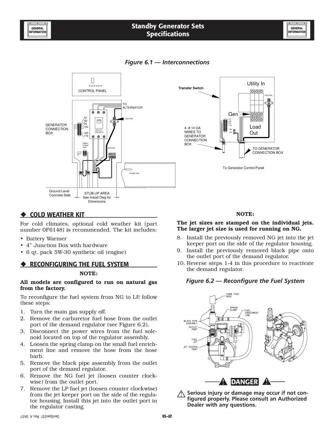 Generac Power Systems 25, 20, 30 owner manual ‹ Cold Weather KIT, ‹ Reconfiguring the Fuel System 