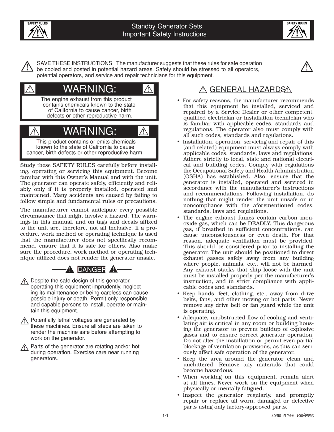 Generac Power Systems 20, 30, 25 owner manual  Warning  