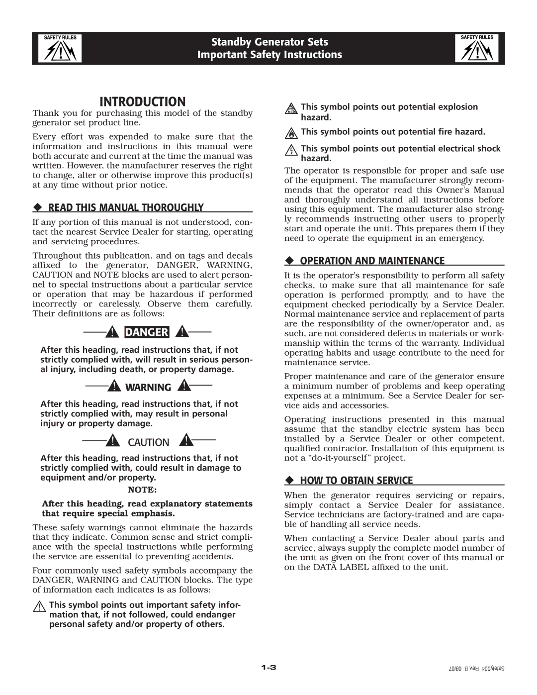 Generac Power Systems 25 Introduction, ‹ Read this Manual Thoroughly, ‹ Operation and Maintenance, ‹ HOW to Obtain Service 