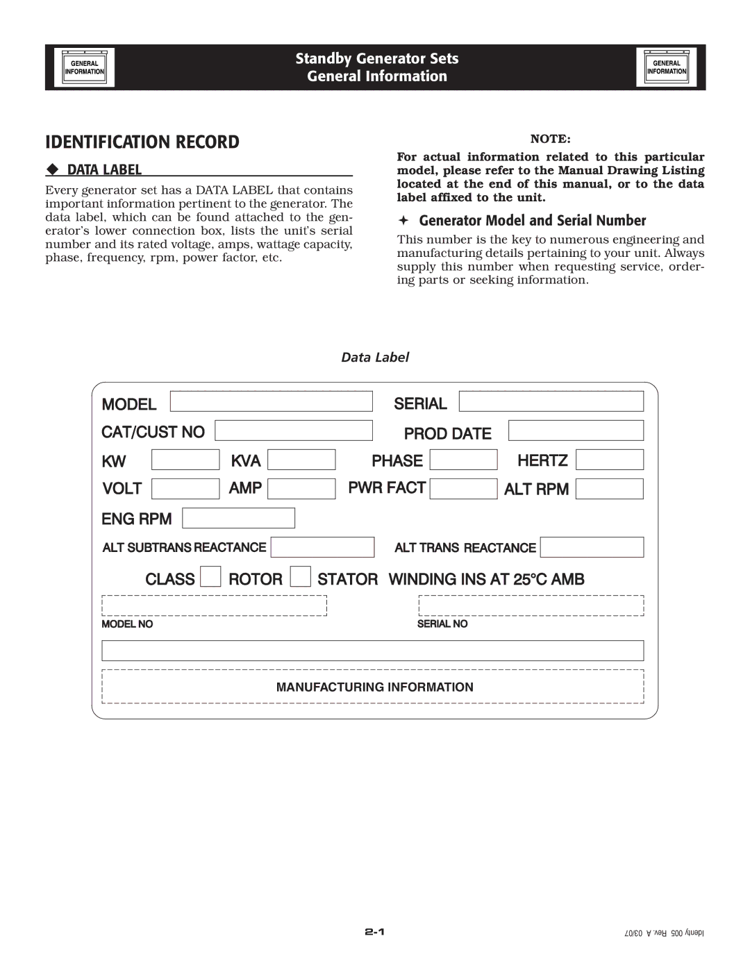 Generac Power Systems 20, 30, 25 owner manual Identification Record, ‹ Data Label 