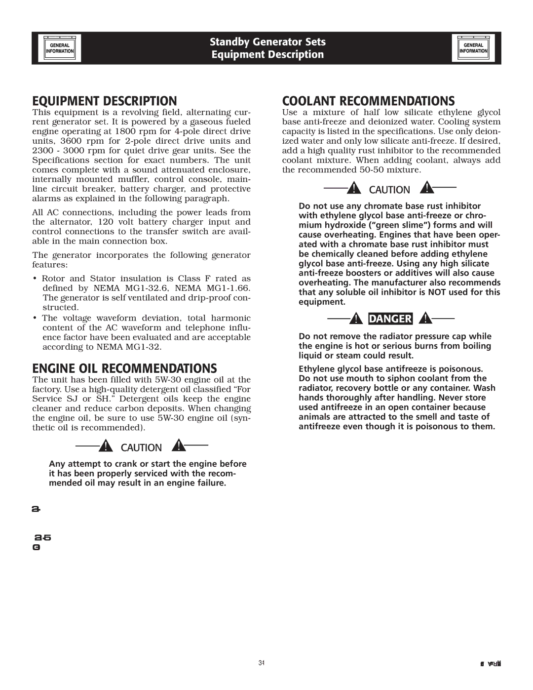 Generac Power Systems 30, 20, 25 owner manual Equipment Description, Engine OIL Recommendations, Coolant Recommendations 