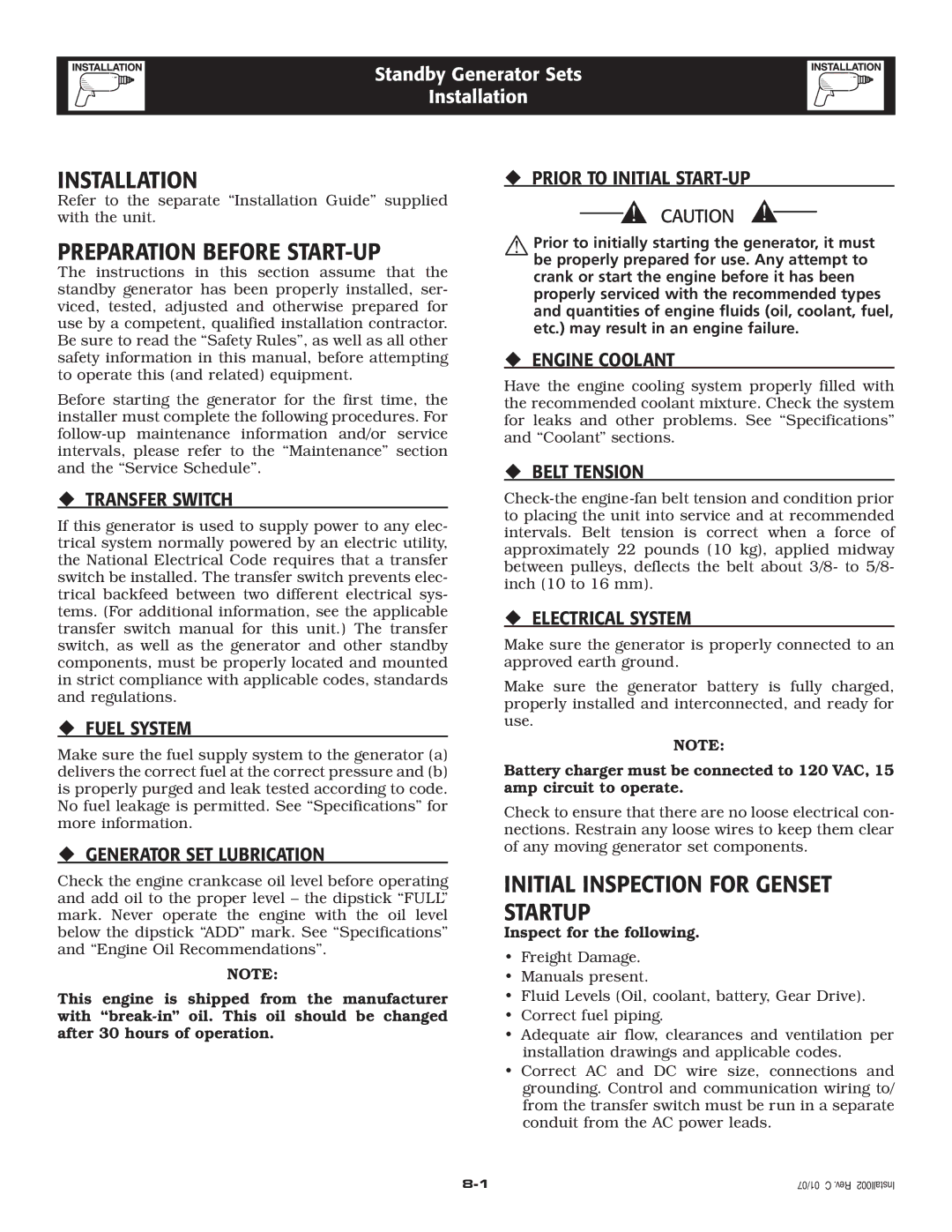 Generac Power Systems 2.4L owner manual Installation, Preparation Before START-UP, Initial Inspection for Genset Startup 