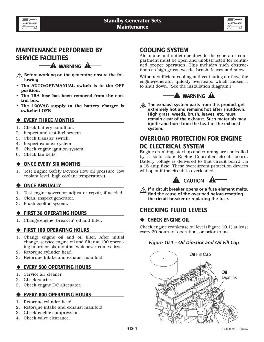 Generac Power Systems 2.4L owner manual Maintenance Performed by Service Facilities, Cooling System, Checking Fluid Levels 