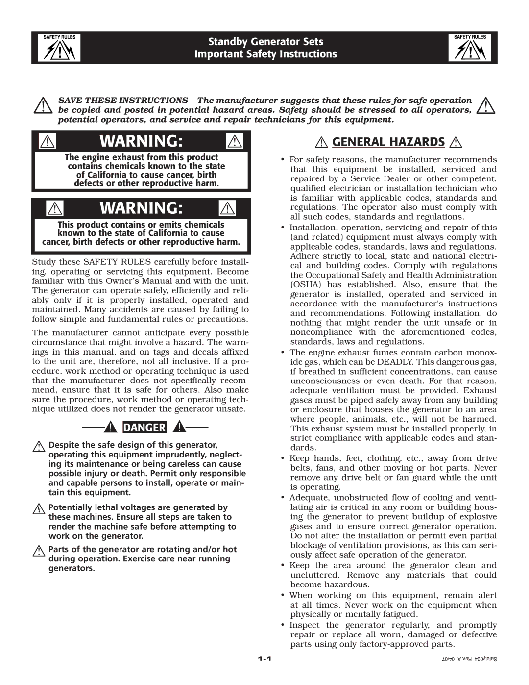 Generac Power Systems 2.4L owner manual  Warning  