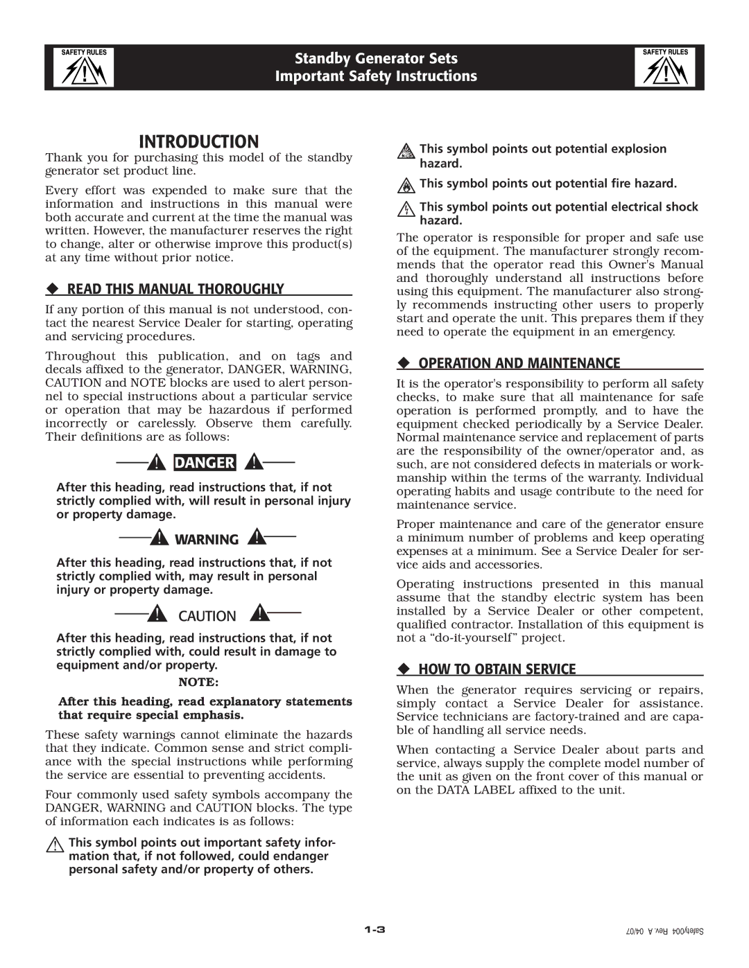 Generac Power Systems 2.4L owner manual Introduction, ‹ Read this Manual Thoroughly, ‹ Operation and Maintenance 