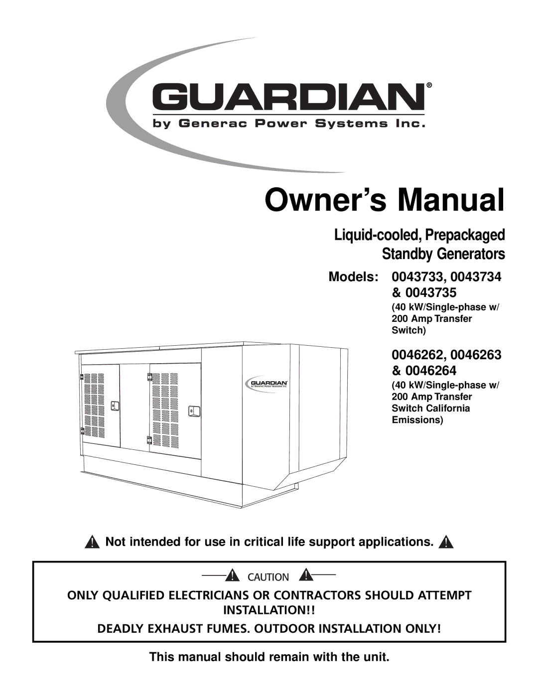 Generac Power Systems 43733, 43734, 43735, 46264 owner manual 0046262, 0046263 