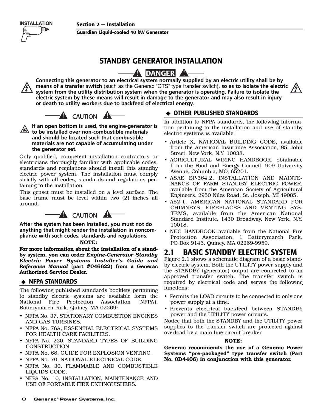 Generac Power Systems 46264, 43734, 43733 Standby Generator Installation, Basic Standby Electric System, Nfpa Standards 