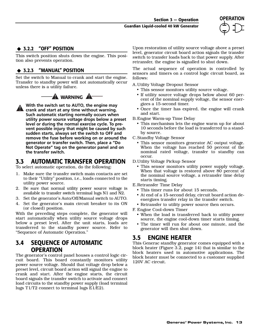 Generac Power Systems 43735, 43734, 43733, 46263 Sequence of Automatic Operation, Engine Heater, ‹ 3.2.3 Manual Position 