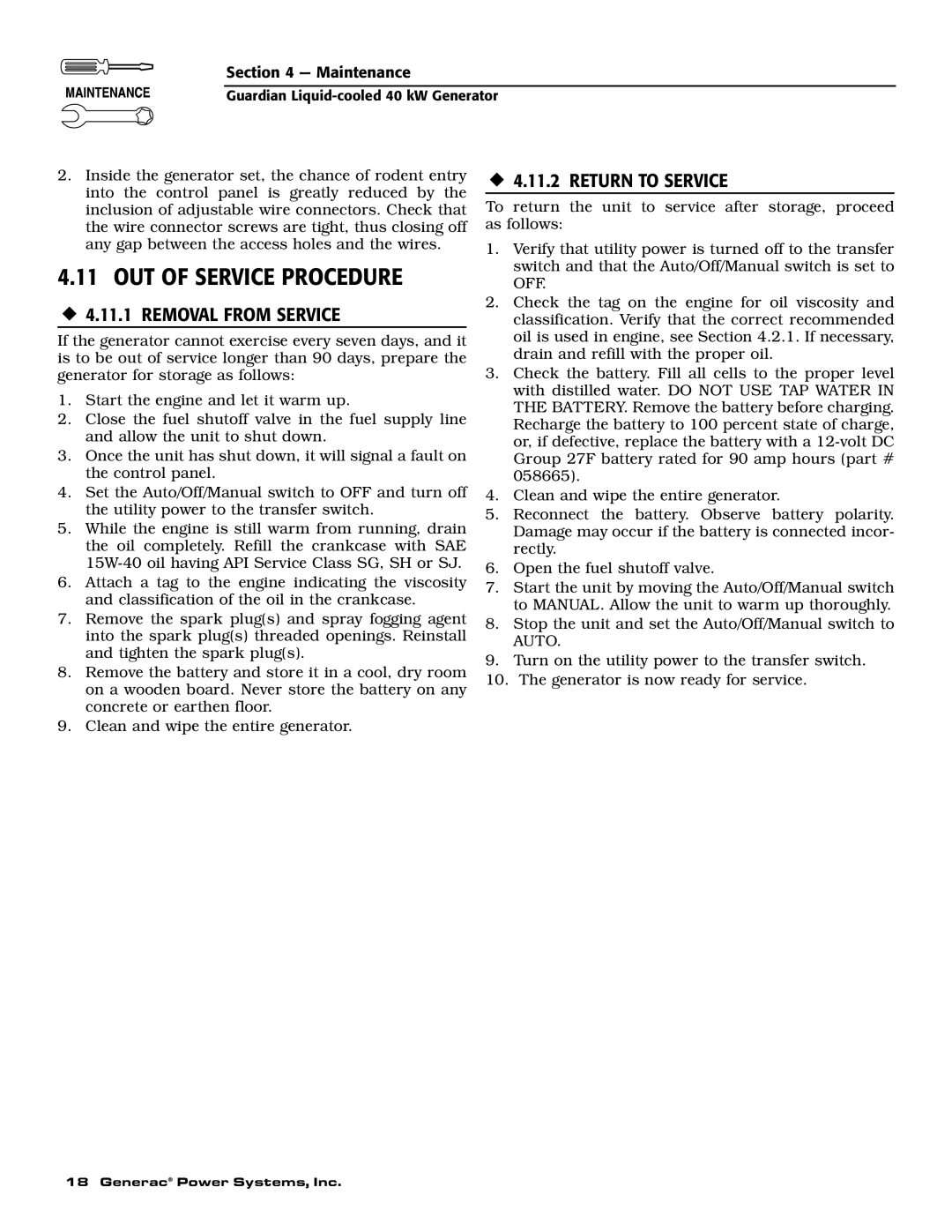 Generac Power Systems 46263, 43734 OUT of Service Procedure, ‹ 4.11.1 Removal from Service, ‹ 4.11.2 Return to Service 