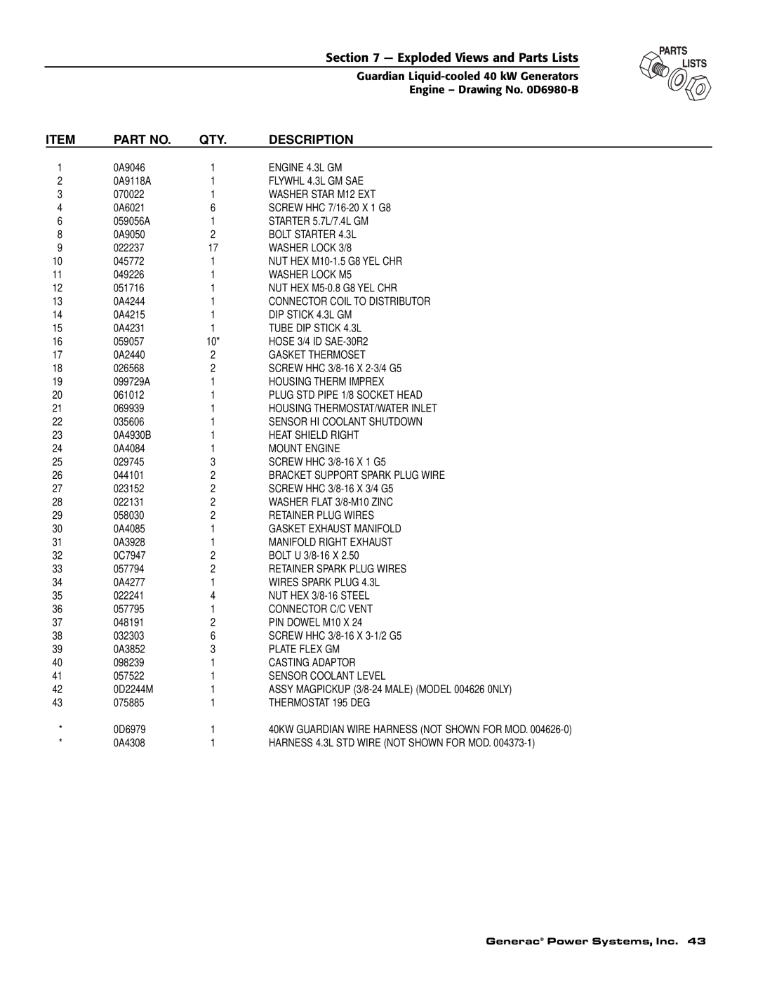 Generac Power Systems 43735, 43734, 43733, 46263, 46264, 46262 owner manual Engine 4.3L GM 