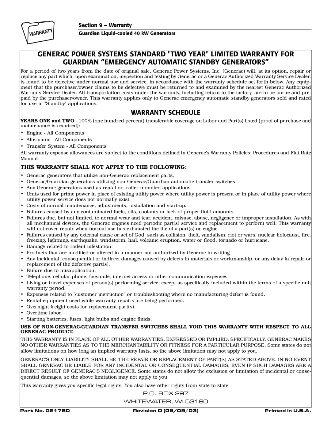 Generac Power Systems 46264, 43734, 43733, 46263, 43735 Warranty Schedule, This Warranty Shall not Apply to the Following 