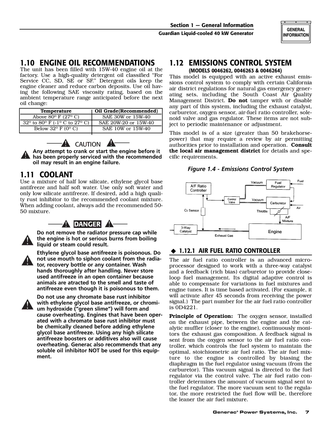 Generac Power Systems 43735, 43734, 43733, 46263, 46264 Emissions Control System, Coolant, ‹ 1.12.1 AIR Fuel Ratio Controller 