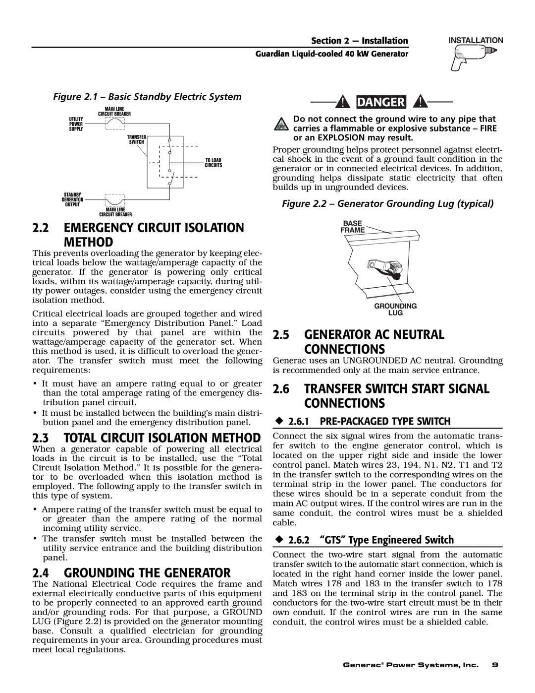 Generac Power Systems 46262 Method, Grounding The Generator, Generator Ac Neutral Connections, Emergency Circuit Isolation 