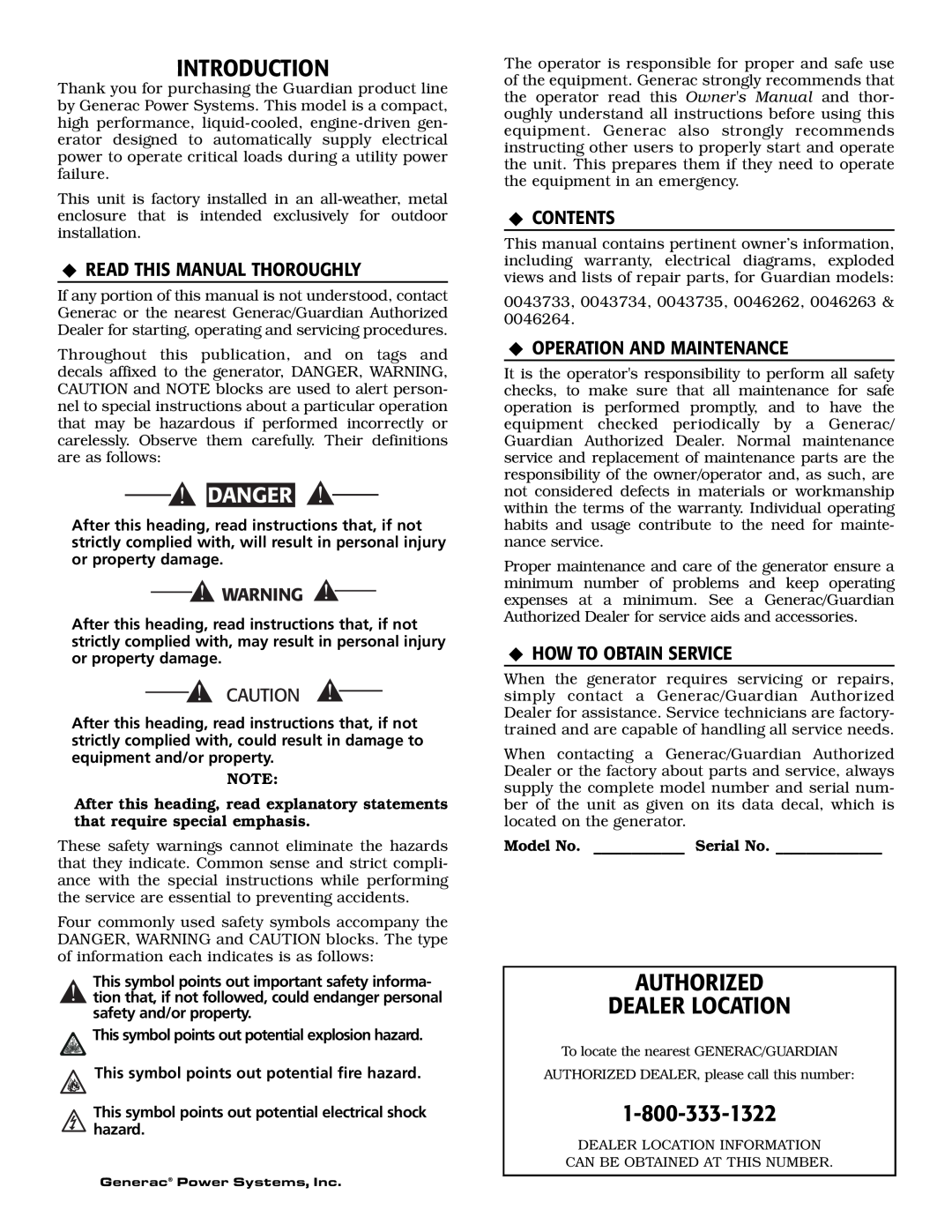 Generac Power Systems 46263 Introduction, Authorized Dealer Location, Danger, ‹ Read This Manual Thoroughly, ‹ Contents 