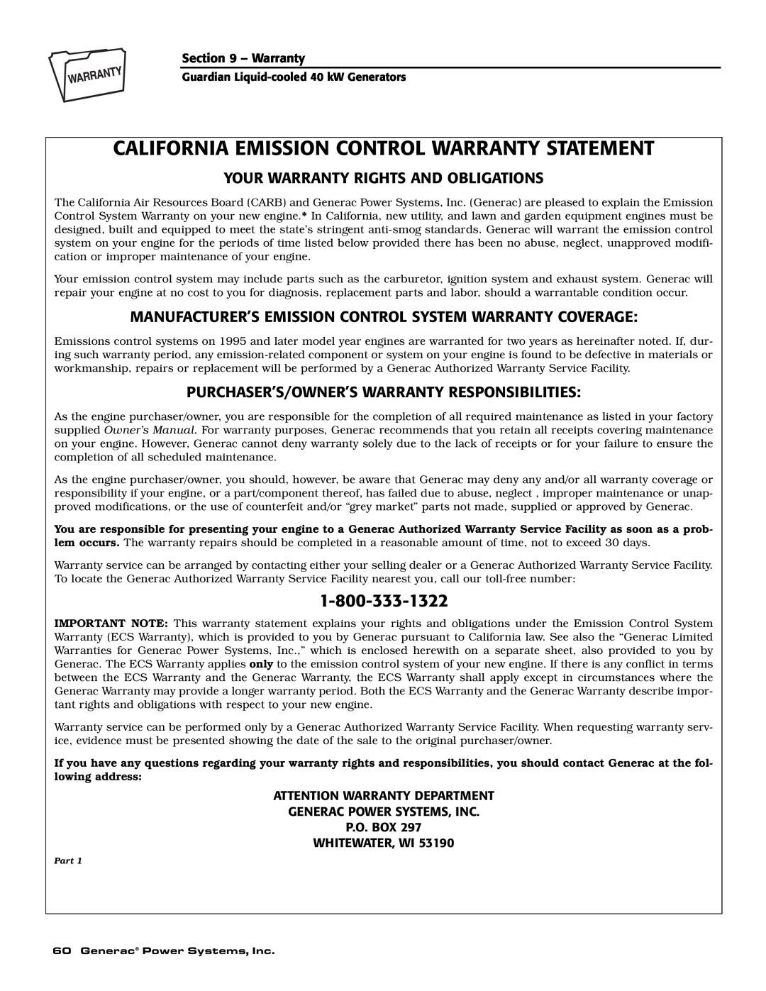 Generac Power Systems 46263 Your Warranty Rights And Obligations, Manufacturer’S Emission Control System Warranty Coverage 