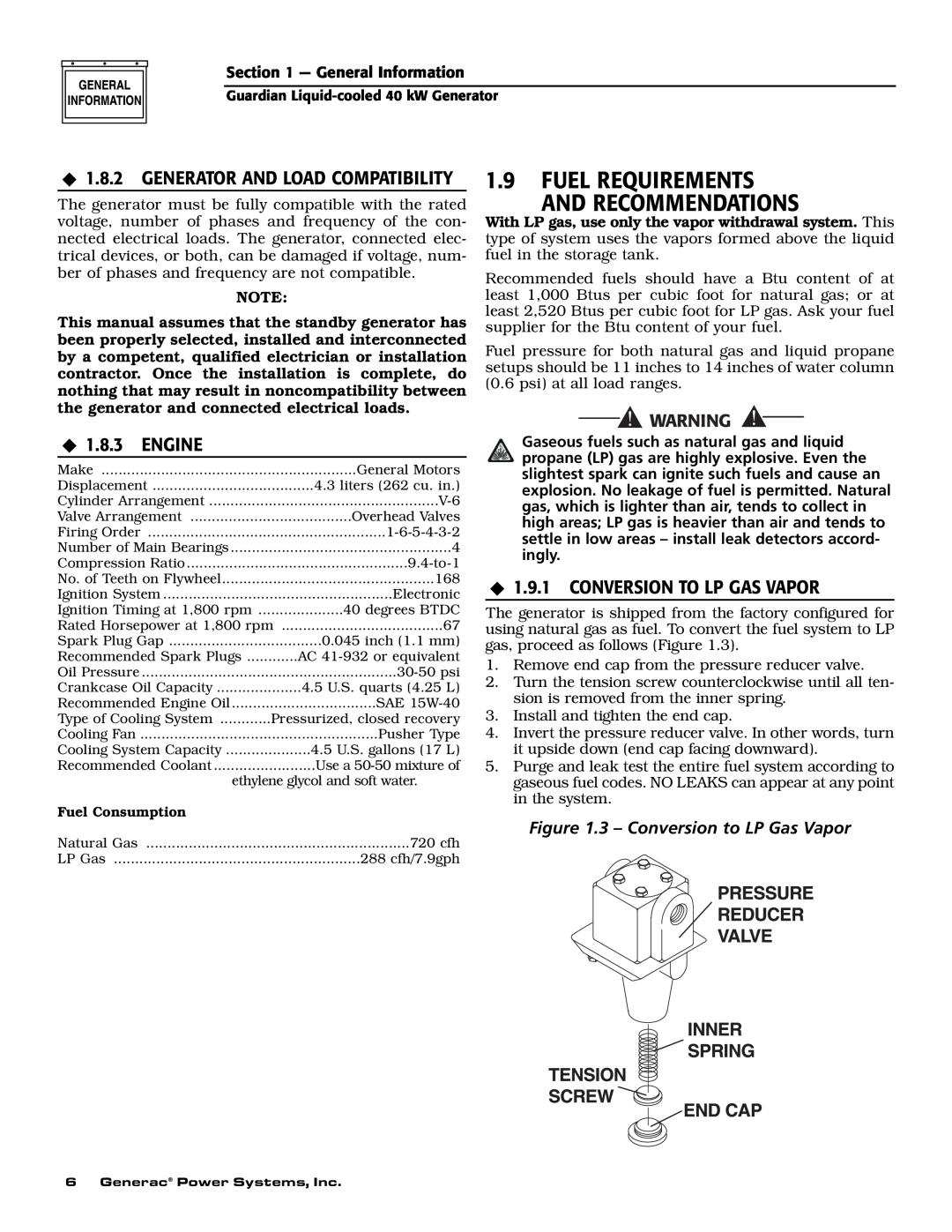 Generac Power Systems 46263, 43734, 43733 Fuel Requirements And Recommendations, ‹ 1.8.2 GENERATOR AND LOAD COMPATIBILITY 
