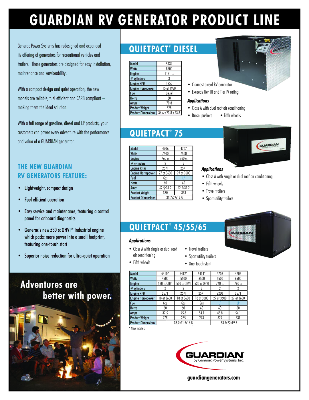 Generac Power Systems 4703 dimensions Guardian RV Generator product line, Adventures are Better with power, Quietpact 