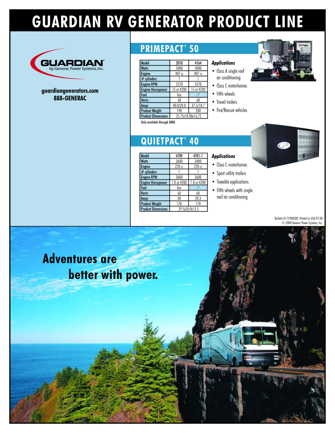 Generac Power Systems 4705 Primepact, Guardian RV Generator product line, Adventures are better with power, Quietpact 