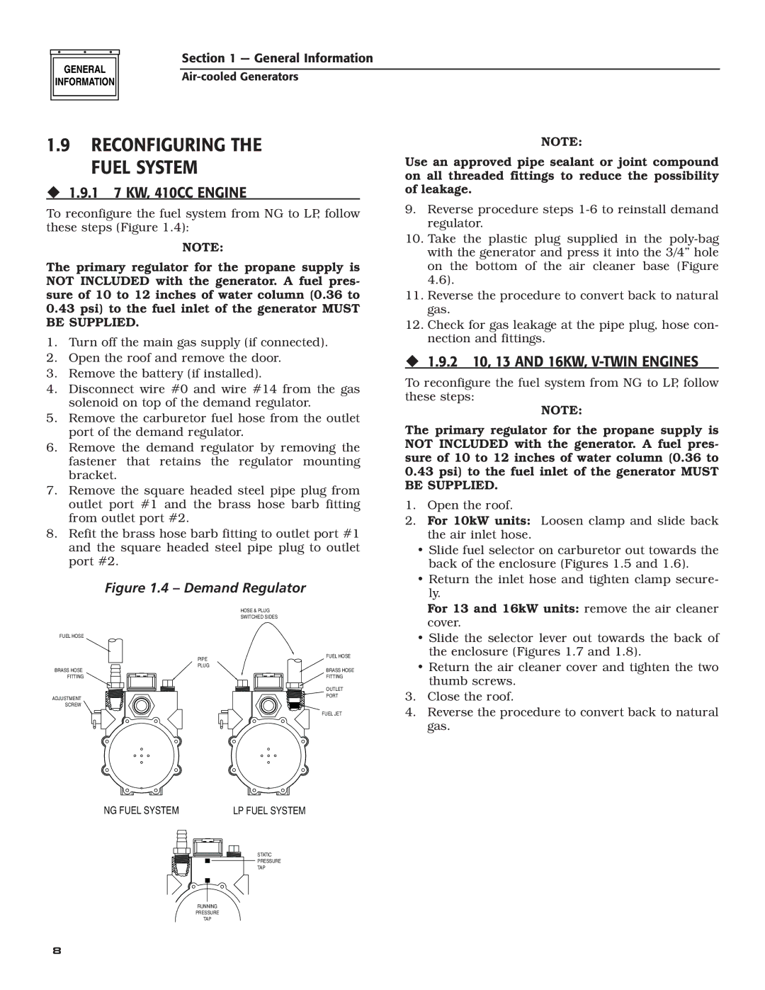 Generac Power Systems 5252, 5254, 5251, 5255, 5253 owner manual Reconfiguring the Fuel System, ‹ 1.9.1 7 KW, 410CC Engine 