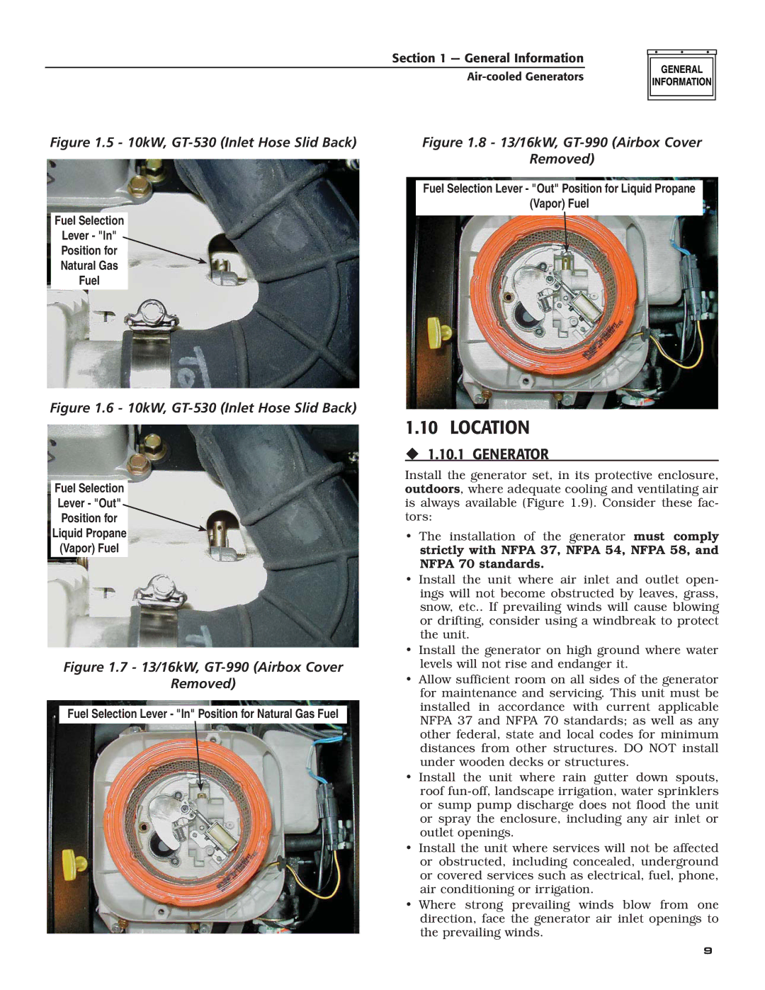 Generac Power Systems 5254, 5252, 5251, 5255, 5253 owner manual Location, ‹ 1.10.1 Generator 