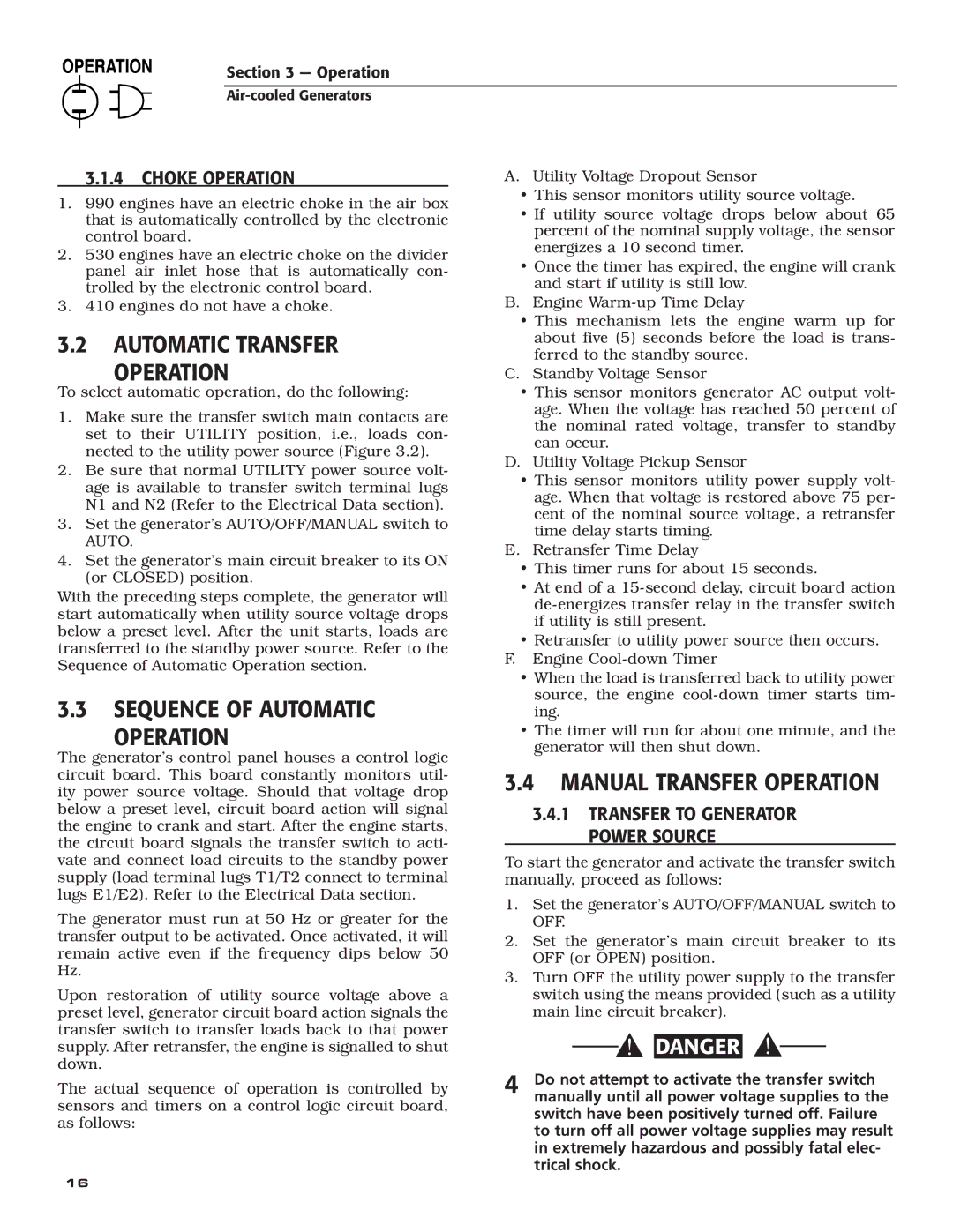 Generac Power Systems 5255, 5252 Automatic Transfer Operation, Sequence of Automatic Operation, Manual Transfer Operation 