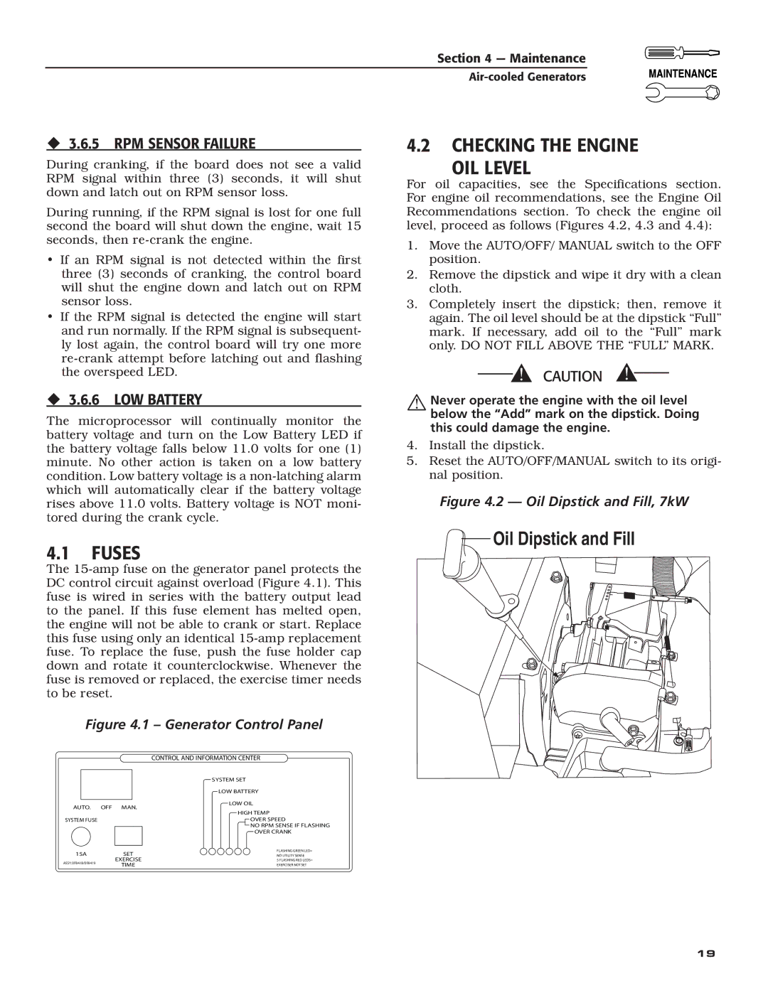 Generac Power Systems 5254, 5252 Checking the Engine OIL Level, Fuses, ‹ 3.6.5 RPM Sensor Failure, ‹ 3.6.6 LOW Battery 