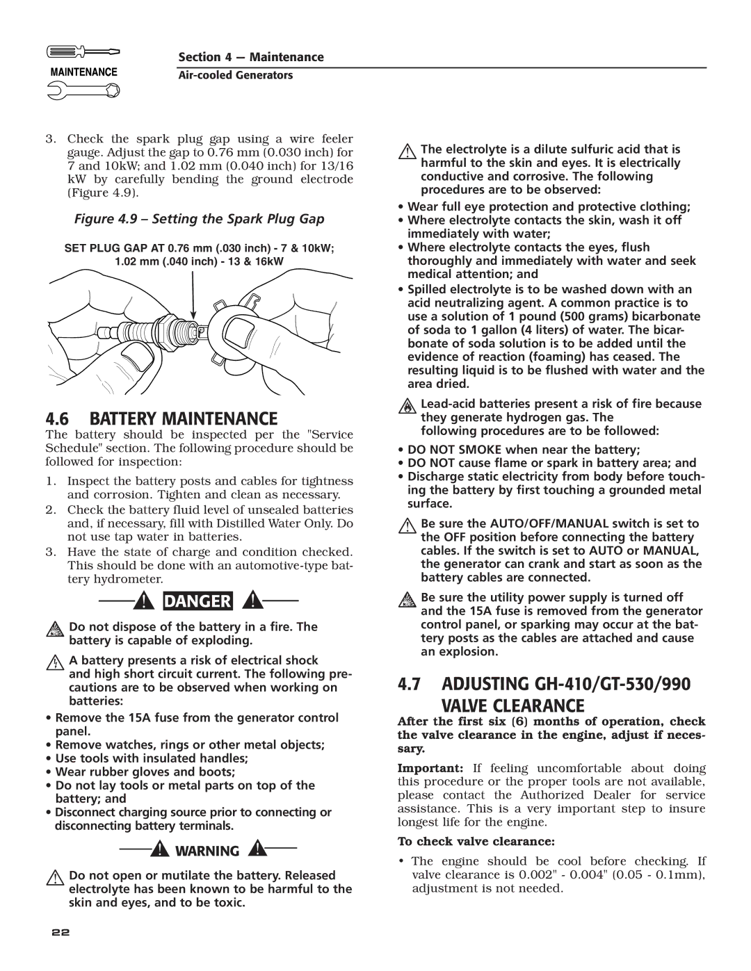 Generac Power Systems 5253, 5252, 5254, 5251, 5255 owner manual Battery Maintenance, Valve Clearance 