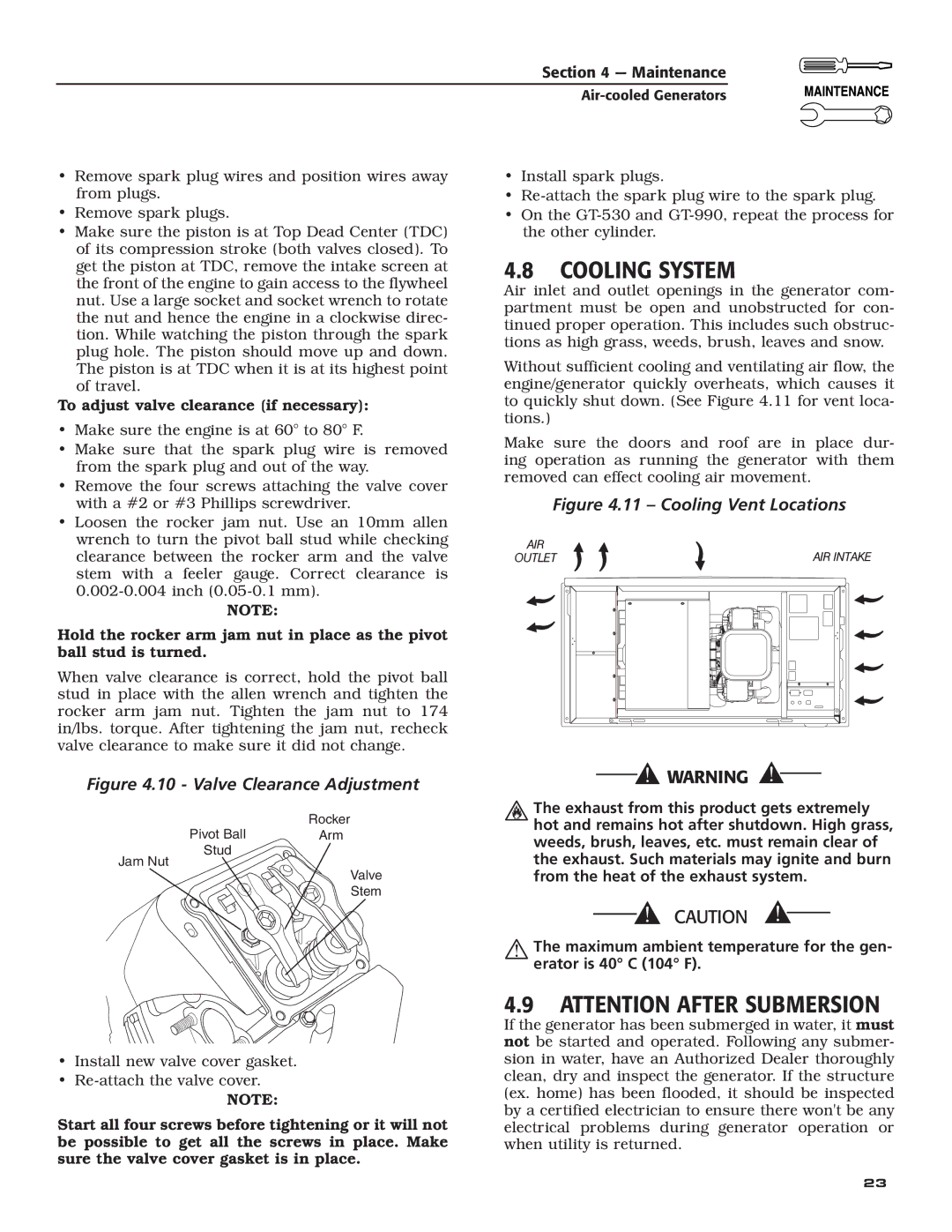 Generac Power Systems 5252, 5254, 5251, 5255, 5253 owner manual Cooling System, Cooling Vent Locations 