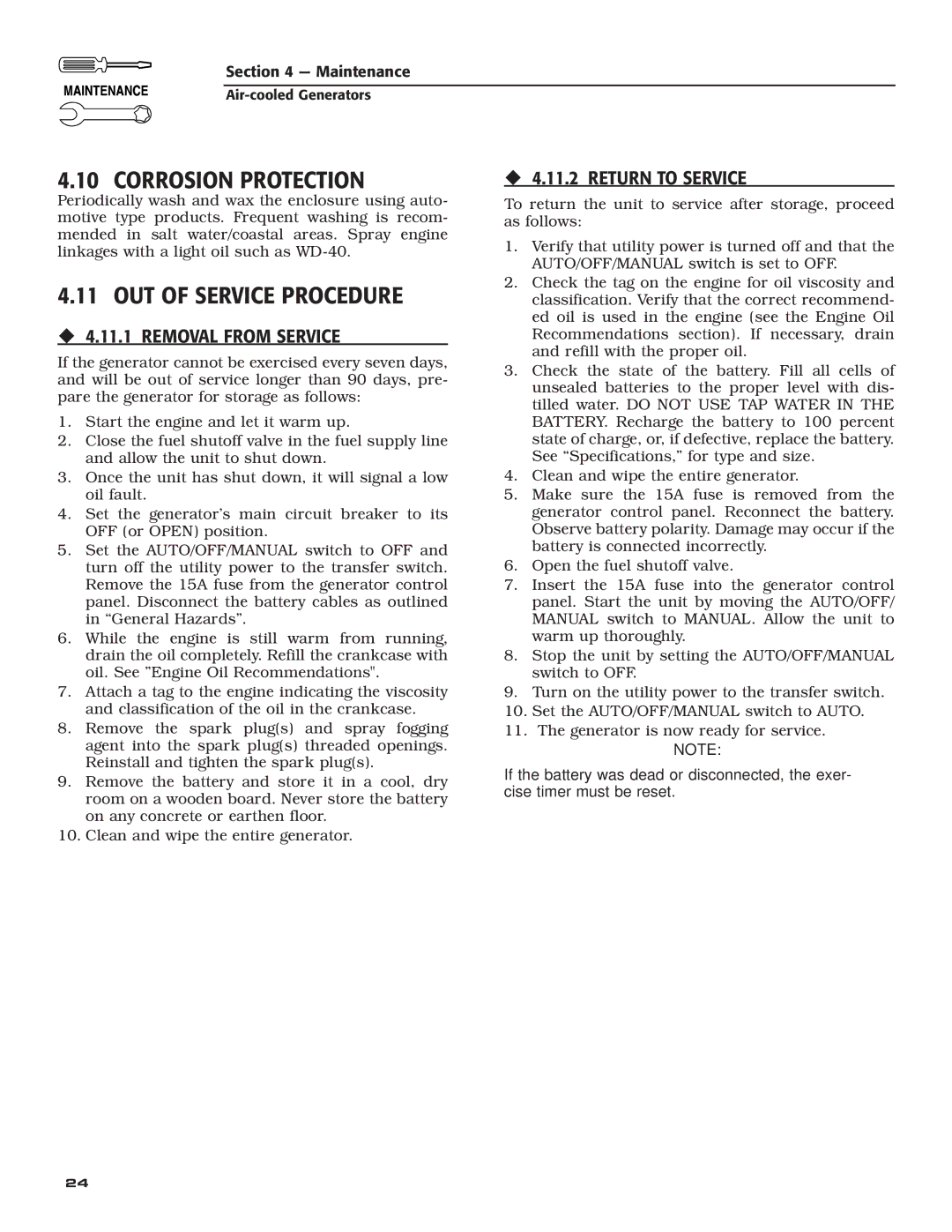 Generac Power Systems 5254, 5252, 5251, 5255, 5253 Corrosion Protection, OUT of Service Procedure, ‹ 4.11.2 Return to Service 