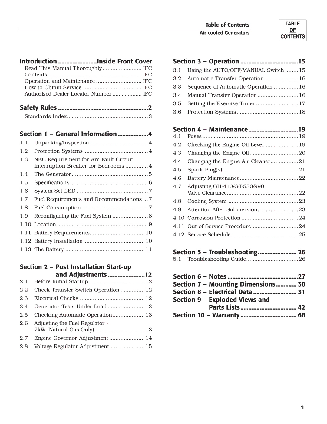 Generac Power Systems 5255 Introduction Inside Front Cover, General Information, Post Installation Start-up Adjustments 