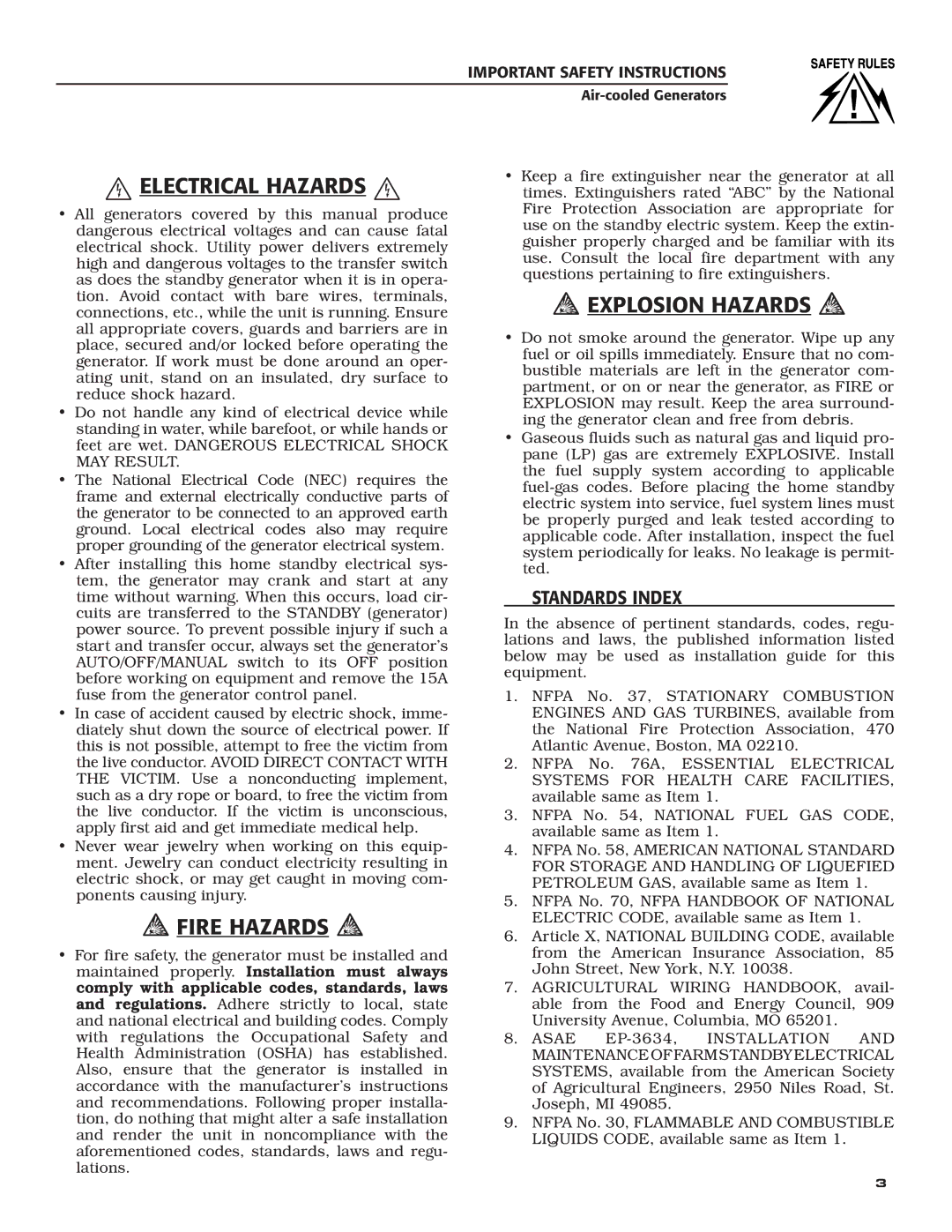 Generac Power Systems 5252, 5254, 5251, 5255, 5253 owner manual  Electrical Hazards , ‹ Standards Index 