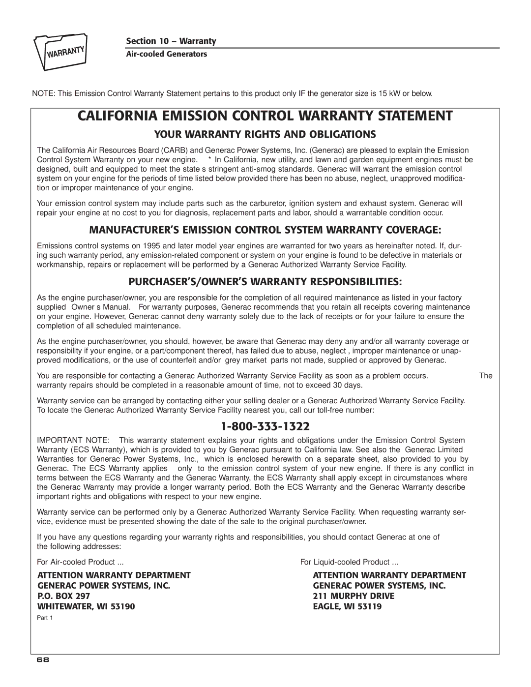 Generac Power Systems 5252 Your Warranty Rights and Obligations, MANUFACTURER’S Emission Control System Warranty Coverage 