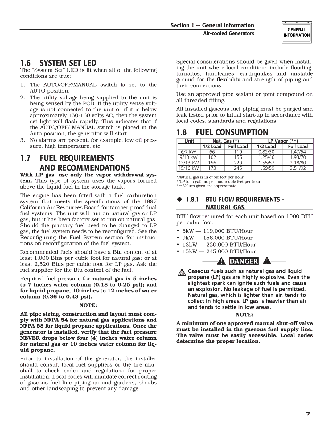 Generac Power Systems 5253, 5252, 5254, 5251, 5255 System SET LED, Fuel Requirements Recommendations, Fuel Consumption 