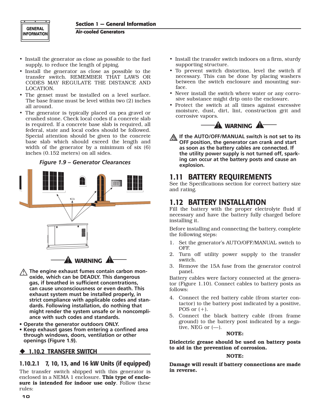 Generac Power Systems 5251 Battery Requirements, Battery Installation, ‹ 1.10.2 TRANSFER SWITCH, 9 - Generator Clearances 