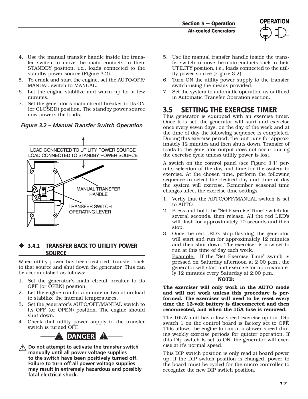 Generac Power Systems 5253 Setting The Exercise Timer, ‹ 3.4.2 TRANSFER BACK TO UTILITY POWER SOURCE, Danger, Operation 