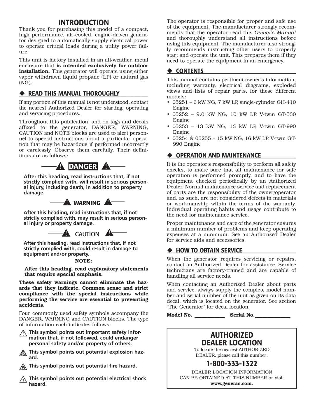 Generac Power Systems 5251 Introduction, Authorized Dealer Location, Danger, ‹ Read This Manual Thoroughly, ‹ Contents 
