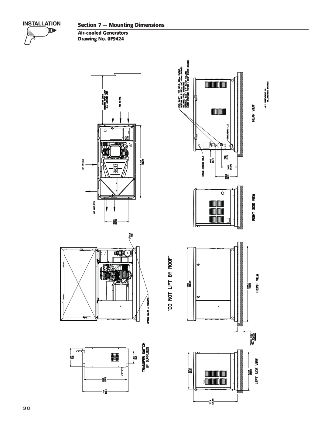 Generac Power Systems 5251, 5252, 5254, 5255, 5253 owner manual Mounting Dimensions, Air-cooled Generators Drawing No. 0F9424 