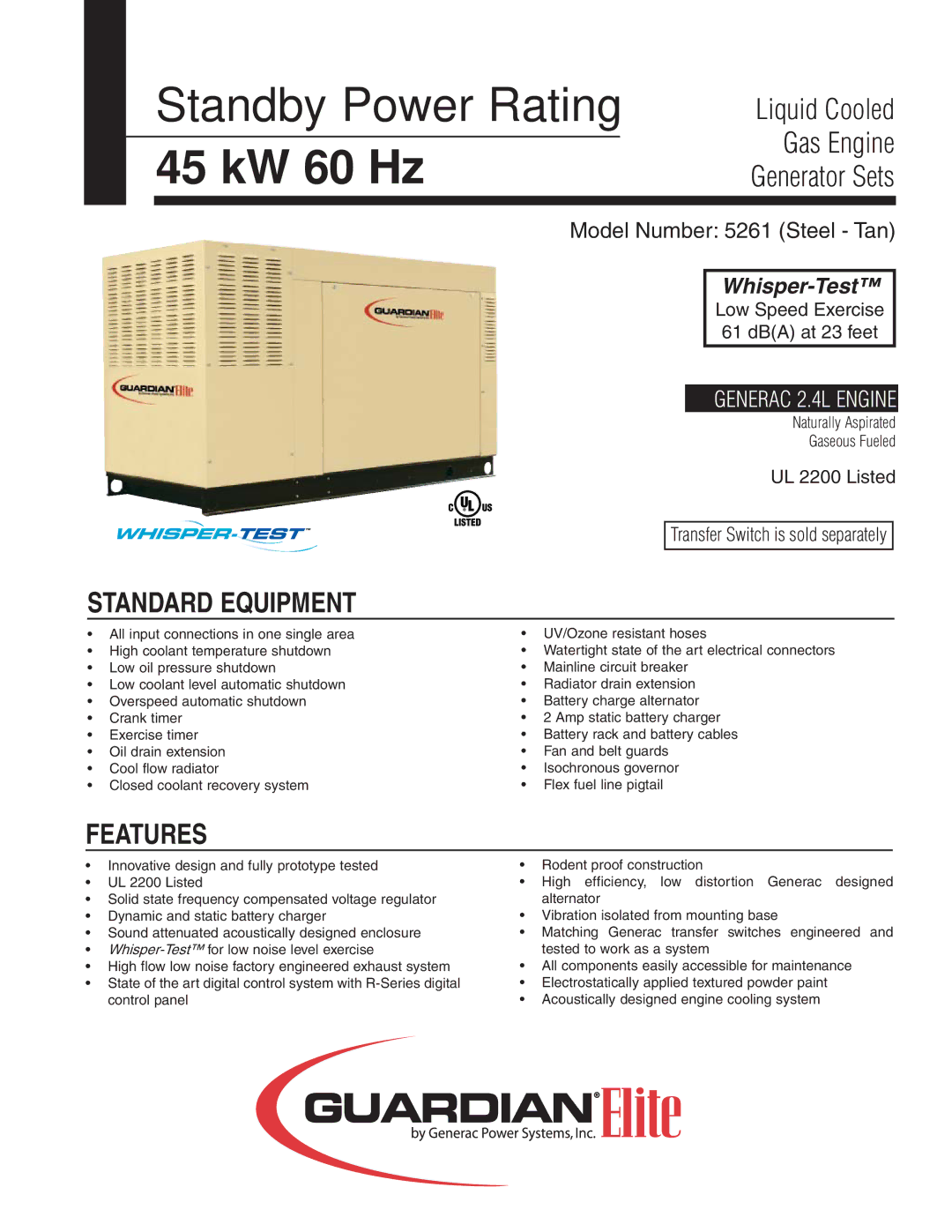 Generac Power Systems 5261 manual Standard Equipment, Features 