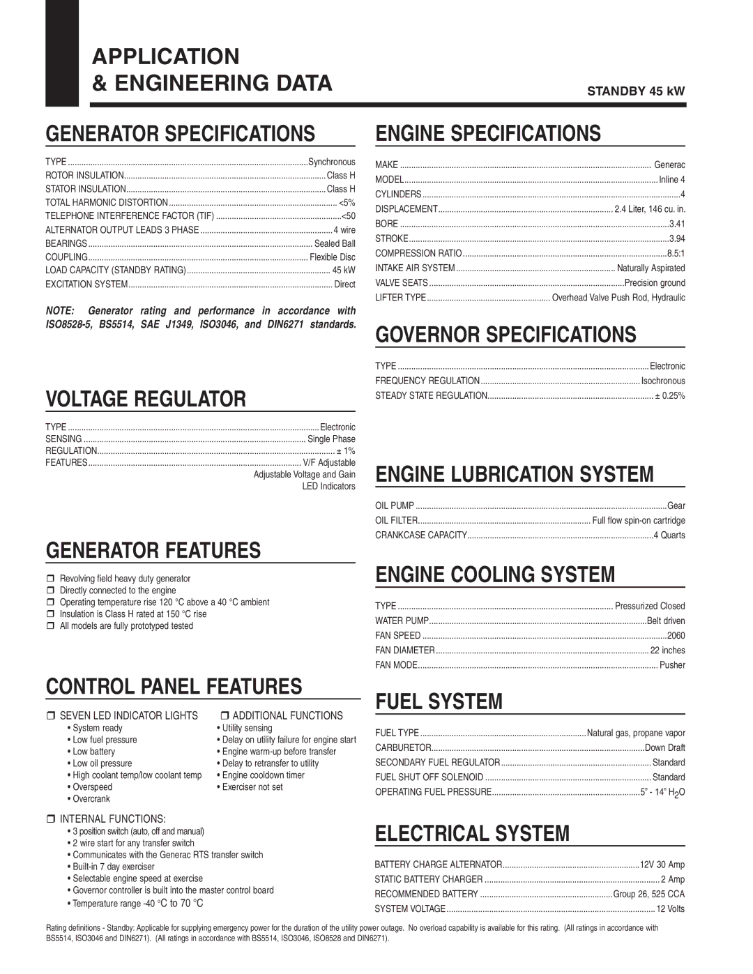 Generac Power Systems 5261 Application Engineering Data, Engine Specifications, Voltage Regulator, Governor Specifications 