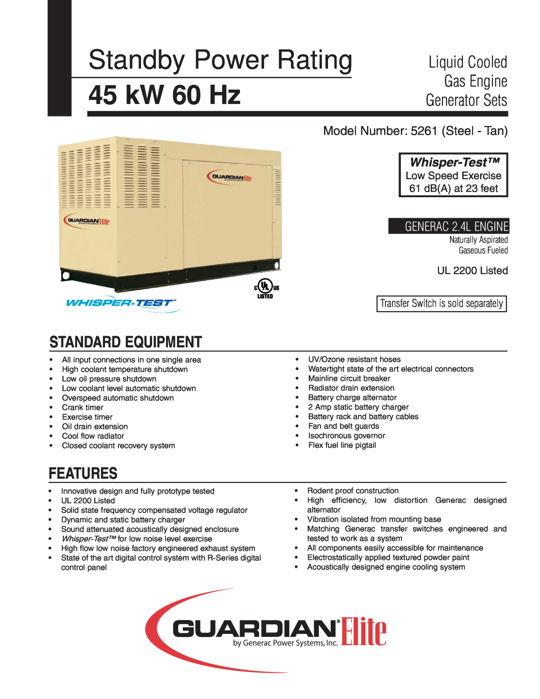 Generac Power Systems 5261 manual Standby Power Rating, 45 kW 60 Hz, Liquid Cooled, Generator Sets, Gas Engine 