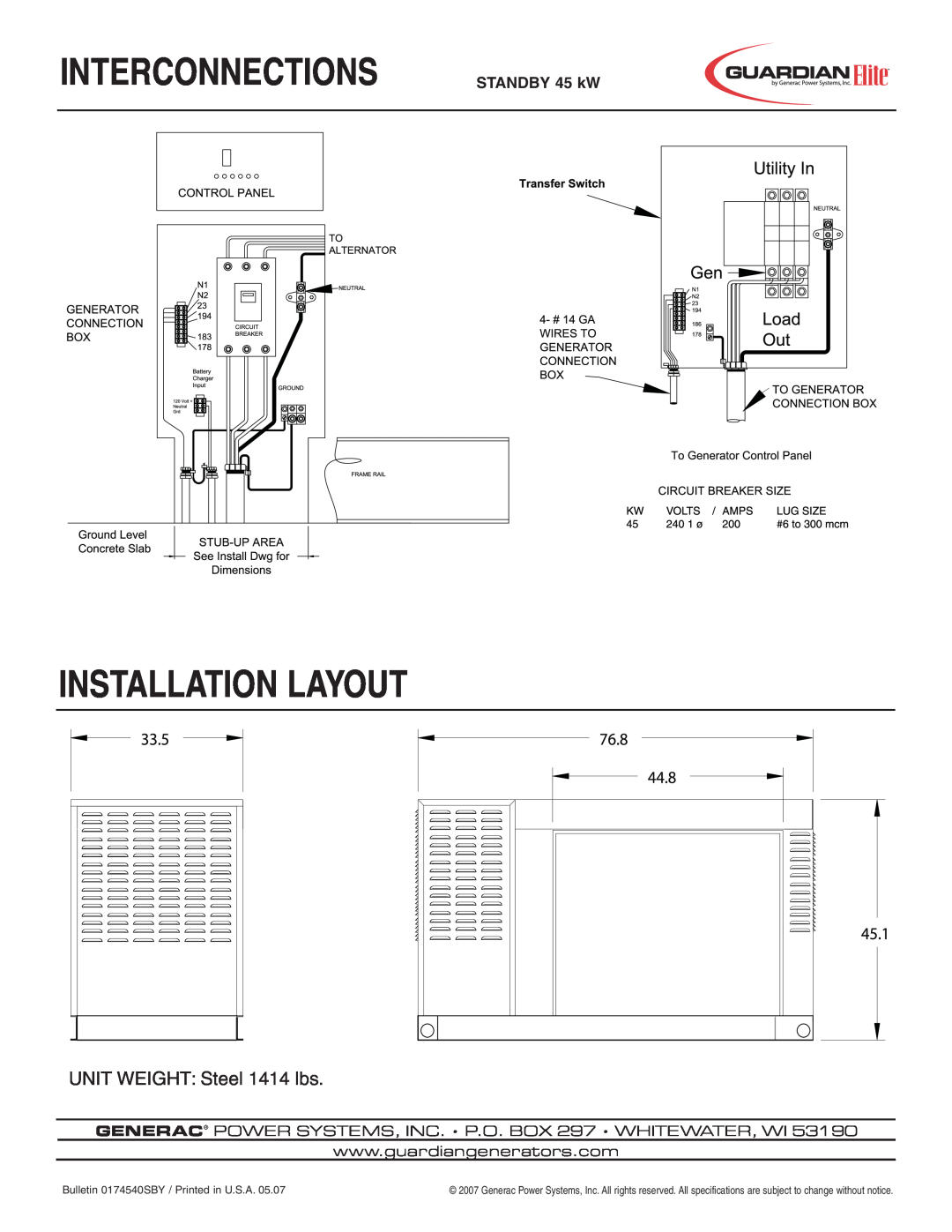 Generac Power Systems 5261 manual Interconnections, Installation Layout, UNIT WEIGHT Steel 1414 lbs, STANDBY 45 kW 