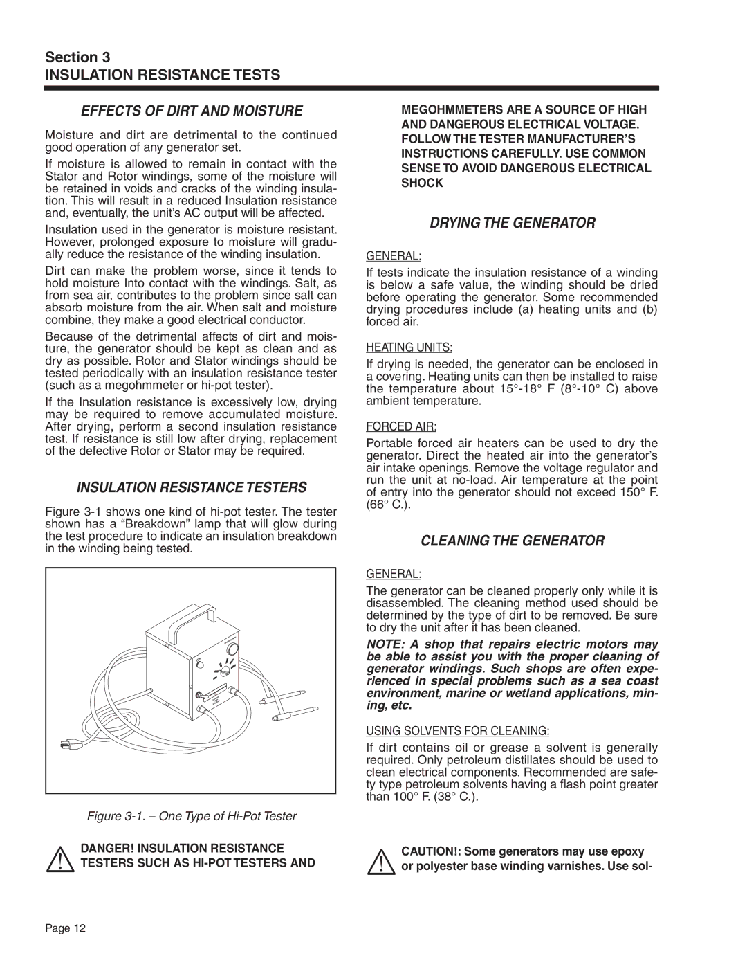 Generac Power Systems 5413, 5412, 5411 Effects of Dirt and Moisture, Insulation Resistance Testers, Drying the Generator 