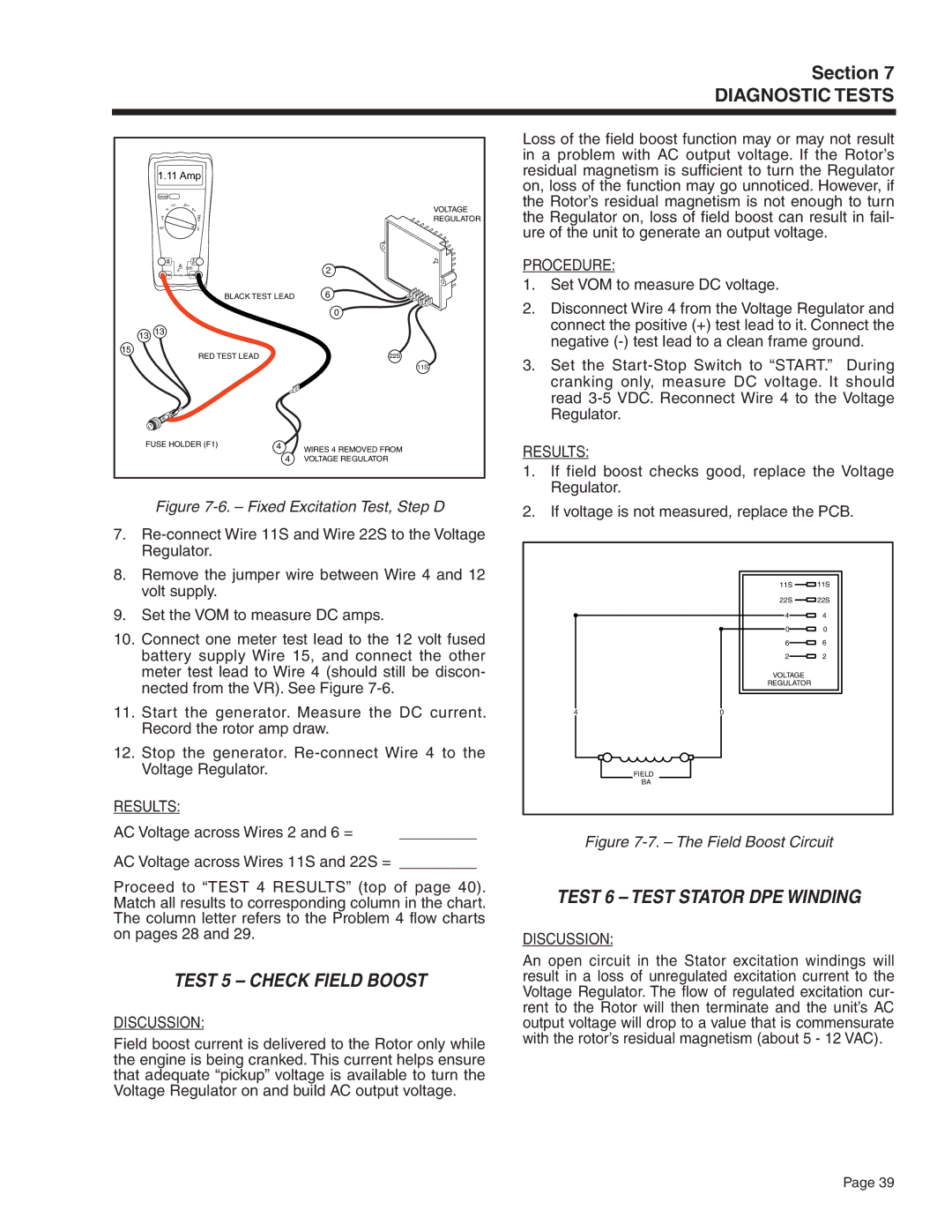 Generac Power Systems 5410, 5412, 5411, 5413, 5415, 5414 manual Test 5 Check Field Boost, Test 6 Test Stator DPE Winding 