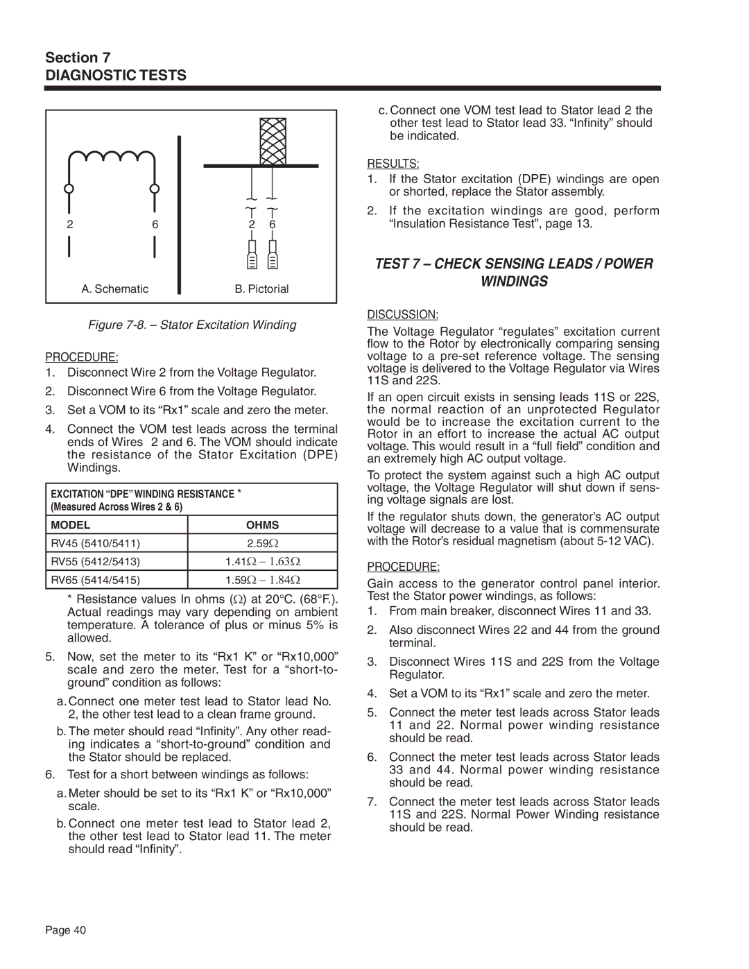 Generac Power Systems 5412, 5411, 5413, 5415, 5414 Test 7 Check Sensing Leads / Power Windings, Stator Excitation Winding 