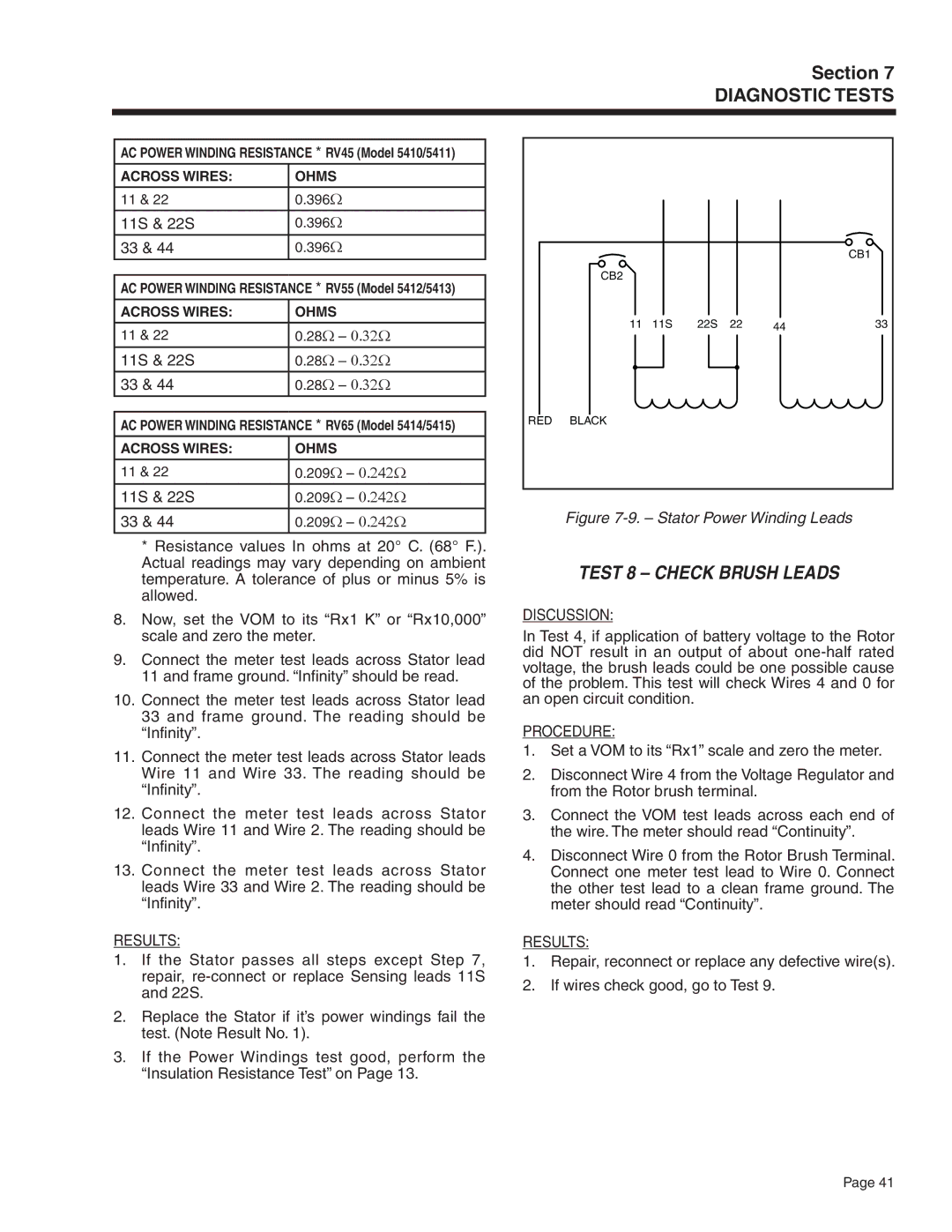 Generac Power Systems 5411, 5412, 5413, 5415, 5414, 5410 manual Test 8 Check Brush Leads, Stator Power Winding Leads 